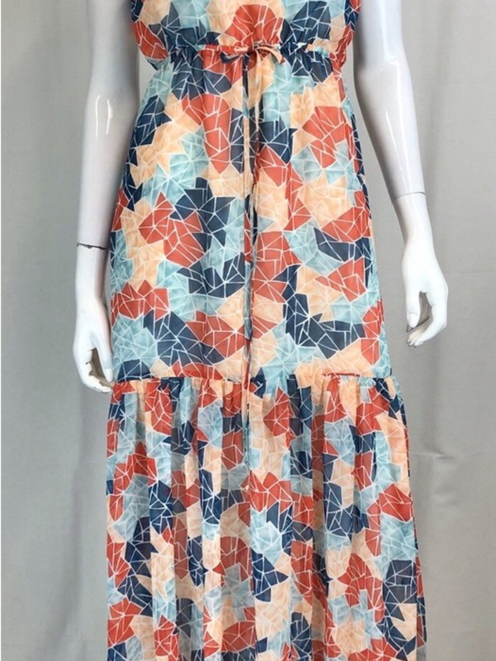 BCBGeneration Coral Navy Aqua Geometric Maxi Dress
